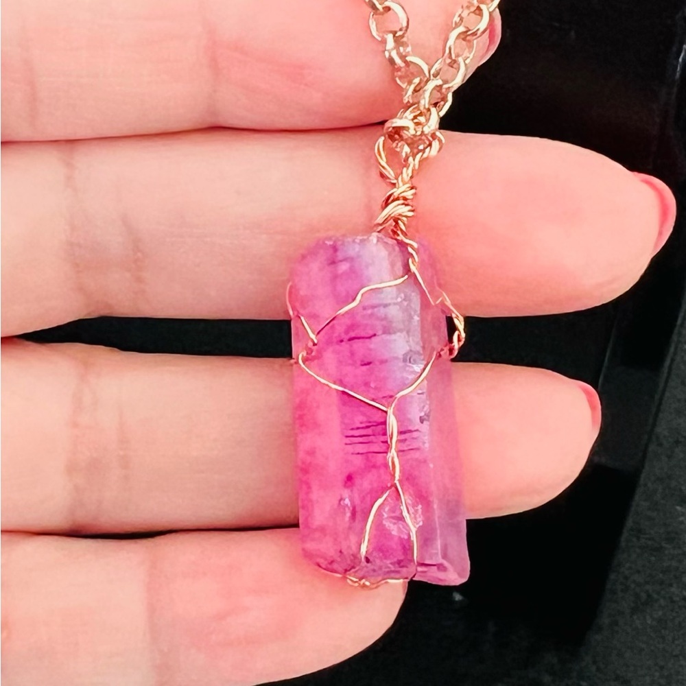 Copper wire wrapped pink quartz and matching necklace